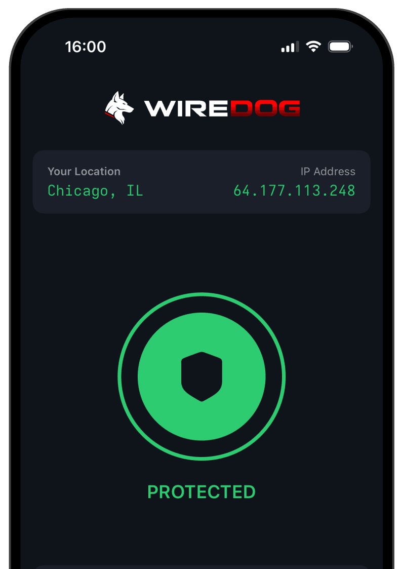 WireDog VPN app connected and protected, showing a Chicago, IL location