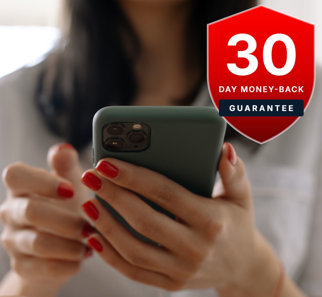 Woman holding a smartphone next to a 30-day money-back guarantee badge